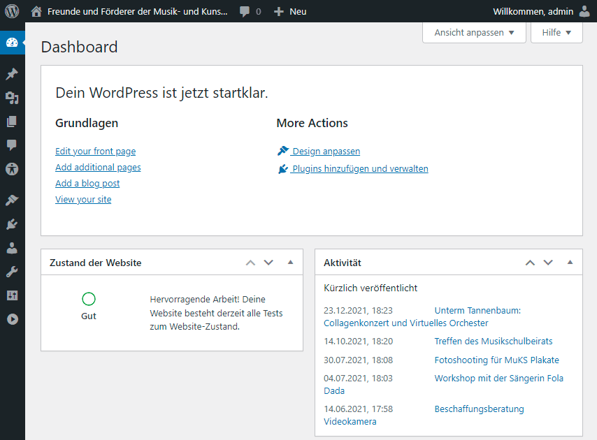 Wordpress Dashboard der MuKS Homepage